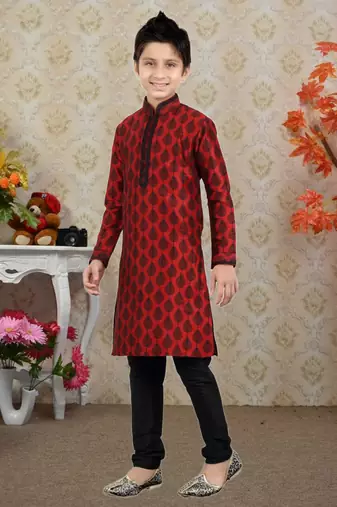 Maroon Art Silk Printed Kids Boys Kurta Pyjama