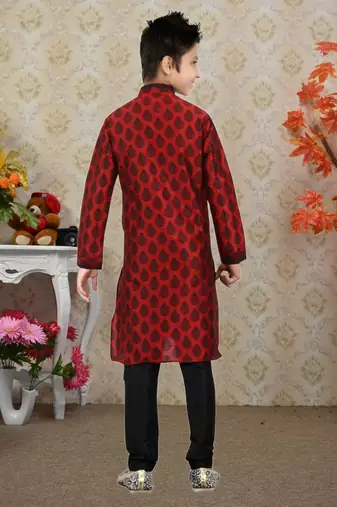 Maroon Art Silk Printed Kids Boys Kurta Pyjama