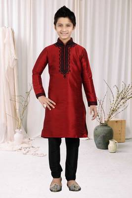 Maroon Art Silk Embroidery Kids Boys Kurta Pyjama 1