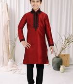 Maroon Art Silk Embroidery Kids Boys Kurta Pyjama