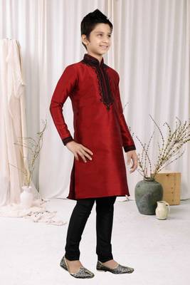 Maroon Art Silk Embroidery Kids Boys Kurta Pyjama 2