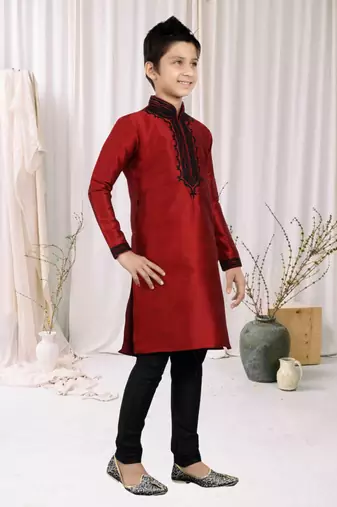 Maroon Art Silk Embroidery Kids Boys Kurta Pyjama