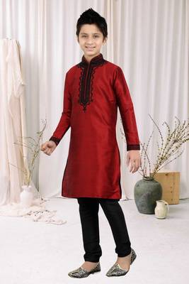 Maroon Art Silk Embroidery Kids Boys Kurta Pyjama 3