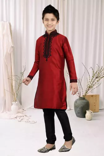 Maroon Art Silk Embroidery Kids Boys Kurta Pyjama