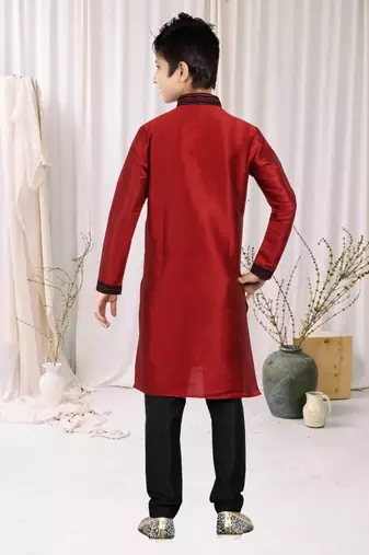 Maroon Art Silk Embroidery Kids Boys Kurta Pyjama