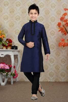 Navy Blue Art Silk Dori Kids Boys Kurta Pyjama 1