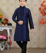 Navy Blue Art Silk Dori Kids Boys Kurta Pyjama