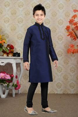 Navy Blue Art Silk Dori Kids Boys Kurta Pyjama 2