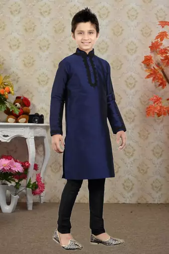 Navy Blue Art Silk Dori Kids Boys Kurta Pyjama