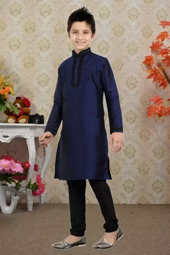 Navy Blue Art Silk Dori Kids Boys Kurta Pyjama