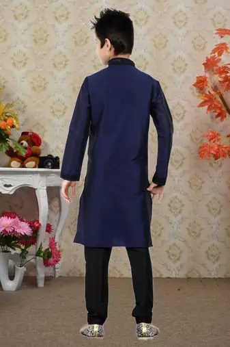 Navy Blue Art Silk Dori Kids Boys Kurta Pyjama