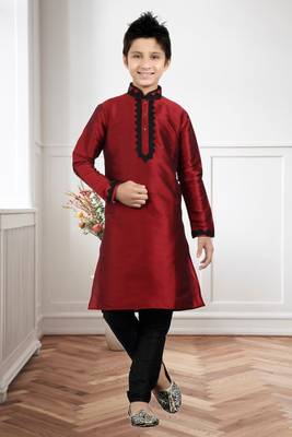 Maroon Art Silk Dori Kids Boys Kurta Pyjama 1