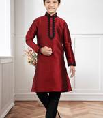 Maroon Art Silk Dori Kids Boys Kurta Pyjama