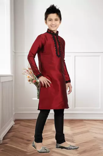 Maroon Art Silk Dori Kids Boys Kurta Pyjama