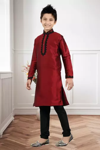 Maroon Art Silk Dori Kids Boys Kurta Pyjama