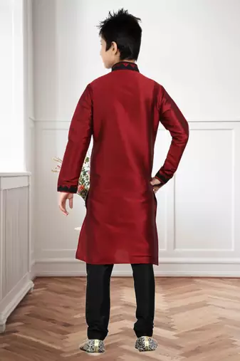 Maroon Art Silk Dori Kids Boys Kurta Pyjama