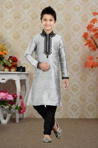 Grey Art Silk Embroidery Kids Boys Kurta Pyjama