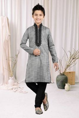 Grey Art Silk Embroidery Kids Boys Kurta Pyjama 1