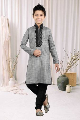 Grey Art Silk Embroidery Kids Boys Kurta Pyjama