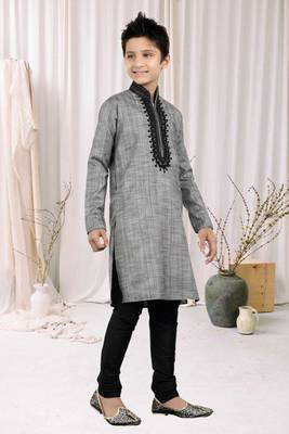 Grey Art Silk Embroidery Kids Boys Kurta Pyjama 2