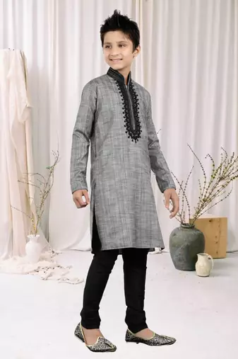 Grey Art Silk Embroidery Kids Boys Kurta Pyjama