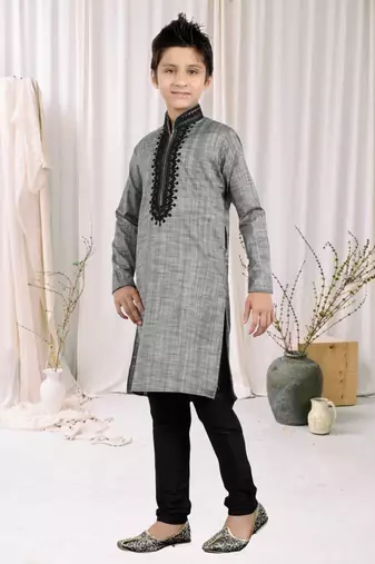 Grey Art Silk Embroidery Kids Boys Kurta Pyjama