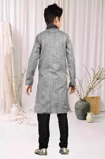 Grey Art Silk Embroidery Kids Boys Kurta Pyjama