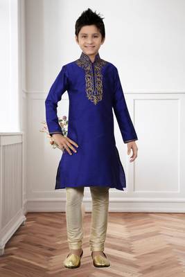 Royal Blue Kheecha Dupion Embroidery Kids Boys Kurta Pyjama 1