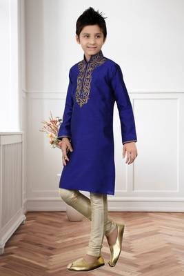 Royal Blue Kheecha Dupion Embroidery Kids Boys Kurta Pyjama 2