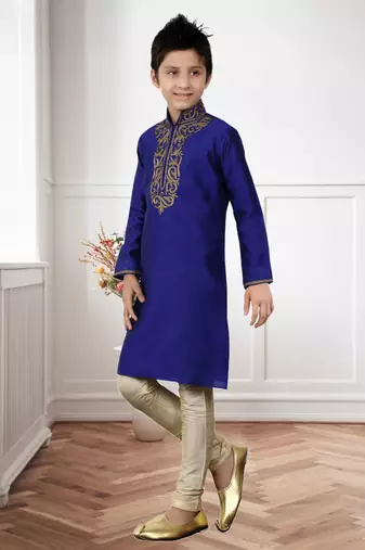 Royal Blue Kheecha Dupion Embroidery Kids Boys Kurta Pyjama