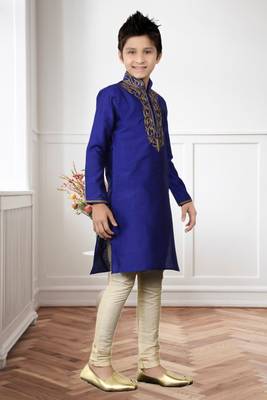 Royal Blue Kheecha Dupion Embroidery Kids Boys Kurta Pyjama 3