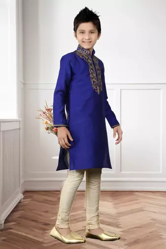 Royal Blue Kheecha Dupion Embroidery Kids Boys Kurta Pyjama