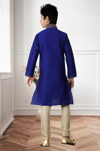 Royal Blue Kheecha Dupion Embroidery Kids Boys Kurta Pyjama