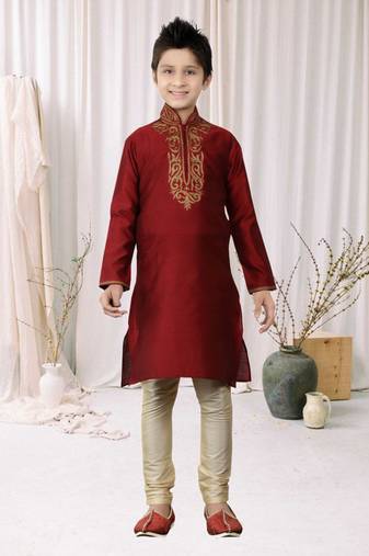 Maroon Kheecha Dupion Embroidery Kids Boys Kurta Pyjama