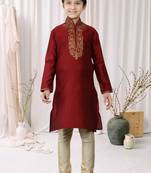 Maroon Kheecha Dupion Embroidery Kids Boys Kurta Pyjama