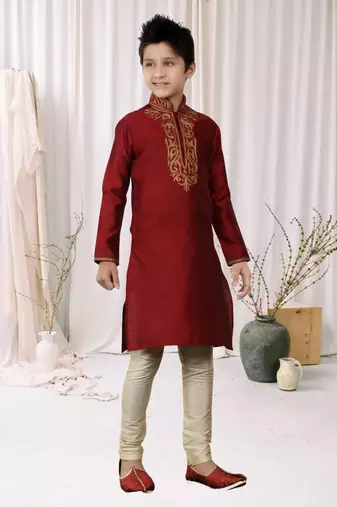 Maroon Kheecha Dupion Embroidery Kids Boys Kurta Pyjama