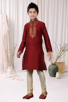 Maroon Kheecha Dupion Embroidery Kids Boys Kurta Pyjama 3
