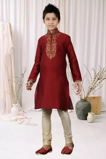 Maroon Kheecha Dupion Embroidery Kids Boys Kurta Pyjama