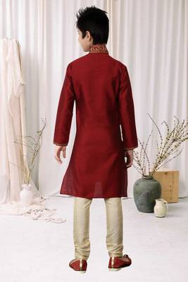 Maroon Kheecha Dupion Embroidery Kids Boys Kurta Pyjama 4