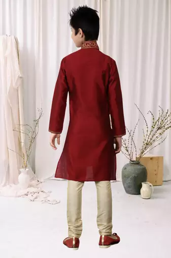 Maroon Kheecha Dupion Embroidery Kids Boys Kurta Pyjama