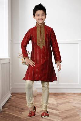 Maroon Art Silk Threading Kids Boys Kurta Pyjama 1
