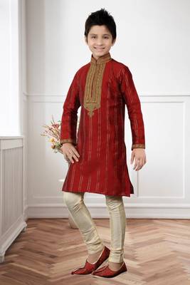 Maroon Art Silk Threading Kids Boys Kurta Pyjama 2