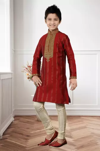 Maroon Art Silk Threading Kids Boys Kurta Pyjama