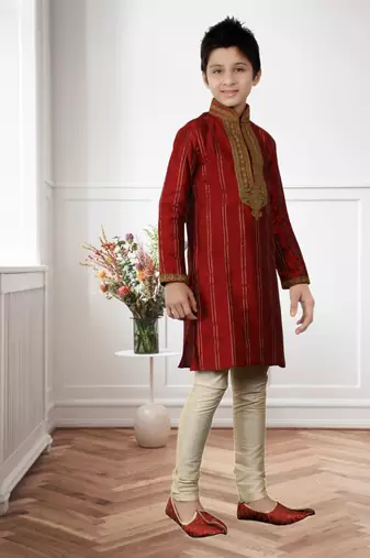 Maroon Art Silk Threading Kids Boys Kurta Pyjama