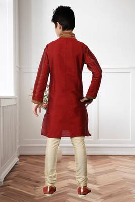 Maroon Art Silk Threading Kids Boys Kurta Pyjama 4