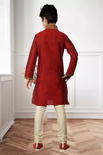 Maroon Art Silk Threading Kids Boys Kurta Pyjama