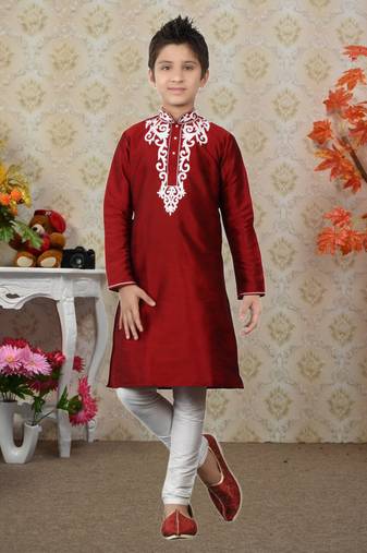 Maroon Art Silk Embroidery Kids Boys Kurta Pyjama
