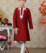 Maroon Art Silk Embroidery Kids Boys Kurta Pyjama