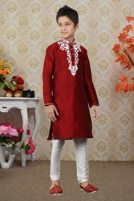 Maroon Art Silk Embroidery Kids Boys Kurta Pyjama 2