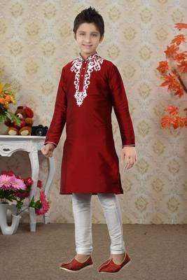 Maroon Art Silk Embroidery Kids Boys Kurta Pyjama 3